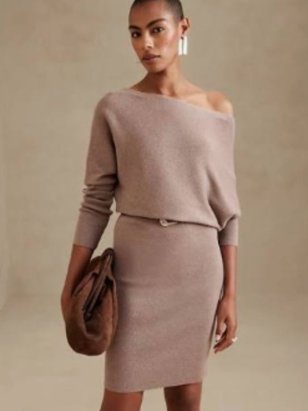 Banana Republic Colleta Off Shoulder Ribbed Sweater Midi Dress Taupe Size L